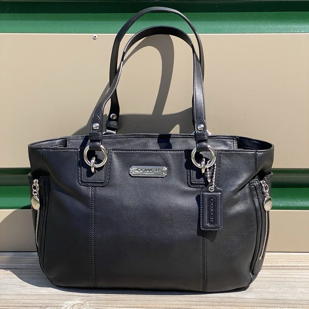 Coach Gallery East West Leather Tote Black Shoulder Bag Side Zip Pockets F19252